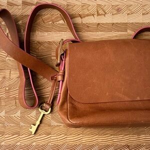 Fossil Brown Crossbody Bag with Pink Accents